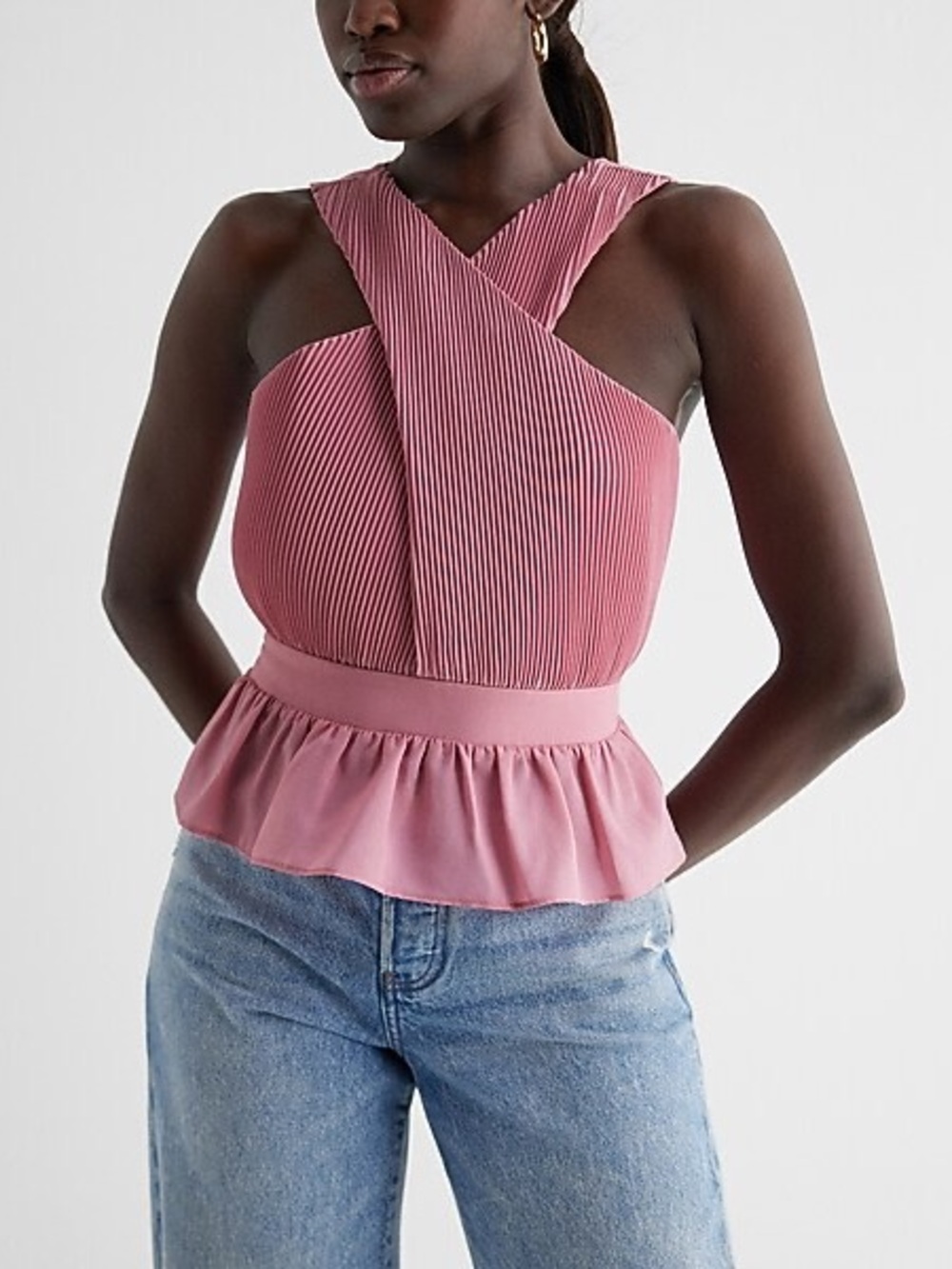 Express Dusty Rose Twist Front Peplum Halter Top